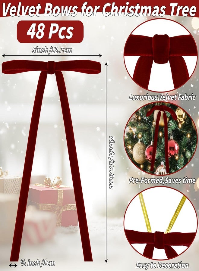 UZLU 48 Pcs Burgundy Velvet Bows for Christmas Tree 5 x 7 In Velvets Ribbon Tree Bows Rustic Vintage Christmas Bow ornaments for Xmas Garland Wreath Gift Wrapping Door Home Craft Party Outdoor Indoor Decor - Image 2